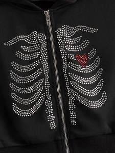 Custom Women's Rhinestone <b>Zip</b> <b>Up</b> Hoodie Black Skeleton Rib Cage Crystal <b>Cropped</b> Hoodie Full <b>Zip</b> Streetwear Wholesale OEM - Product Image 3