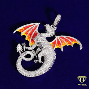 Designer Dragon Pendant with VVS Moissanite Diamonds and Color Flame Wings Hip Hop Jewelry - Product Image 2