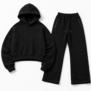 Ensemble survêtement streetwear haut de gamme en coton noir imprimé, comprenant un sweat à capuche oversize épais et un pantalon de survêtement large, personnalisable avec logo OEM - Product Image 5