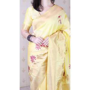 Sari de Seda Suave Amarillo Claro Elite Weaves con Tejido Kamdhenu y Zari, Sari de Fiesta Tejido, 650g - Product Image 3
