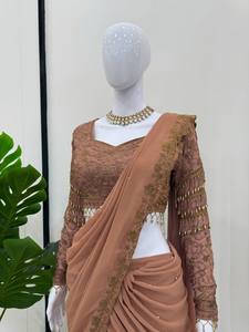 Nuevo Sari de Diseño en Color Rosa y Verde con Estilo de Volantes, Bordado de Georgette con Lentejuelas, Saris Indios para Bodas y Uso Diario - Product Image 4