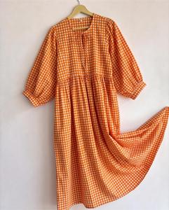 Orange <b>Plaid</b> Maxi <b>Dress</b> With Puff Sleeves Turn-Down Collar Loose Fit Tiered Hem Casual Summer Style 100% Cotton Woven Fabric - Product Image 2