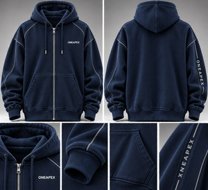 Custom <b>Men's</b> <b>Navy</b> Blue Full Zip Hoodie Contrast Piping Oversized Streetwear Sweatshirt - Product Image 5