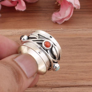 Natural Larimar Garnet Coral 925 Sterling Silver Multi-Gemstone Wedding <b>Statement</b> <b>Ring</b> - Product Image 3