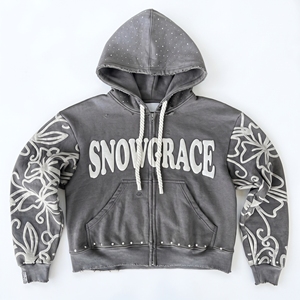 Sudadera con Capucha y Cierre de Cremallera Snowgrace Gris, Estampado Floral, Corte Regular, Ropa Casual de Invierno para Hombre - Product Image 1
