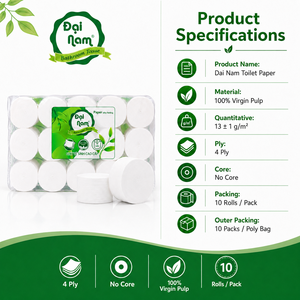 Papier toilette Dai Nam 4 plis sans mandrin, lot de 10 rouleaux, sensation soyeuse, papier hygiénique pour salle de bain - Product Image 2