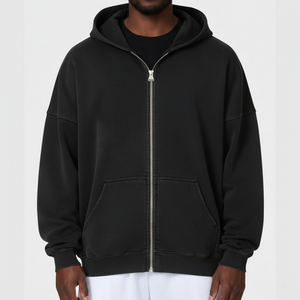 Wholesale high quality Custom Embroidered Logo 100% Cotton <b>Fleece</b> Zip <b>Black</b> Men Winter Hoodies High Quality Oversized Baggy Fit - Product Image 3