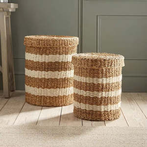 Juego de 2 cestas de mimbre blanco a rayas, cestas de almacenamiento hechas a mano, venta al por mayor, ecológicas, hechas en Vietnam - Product Image 1