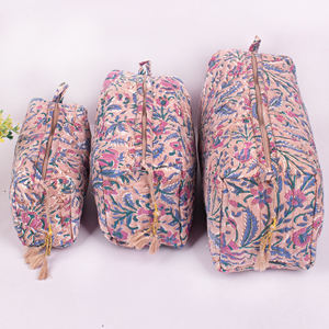 Unisex Hand Block Floral Print Eco-friendly Cotton <b>Cosmetic</b> <b>Bag</b> Small Bohemian Style Pouch <b>Travel</b> Packaging Zipper Closure Large - Product Image 2