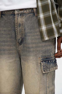 Pantalones Cargo de Mezclilla Lavada para Hombre, Algodón de Peso Medio, Estilo Utilitario Holgado con Parches, para Otoño - Product Image 3