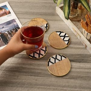 Wooden Crisscross <b>Coaster</b> Set of 4 with <b>Gold</b> Rim Round Tea Coffee Drink <b>Coasters</b> for Home Table Decor - Product Image 5