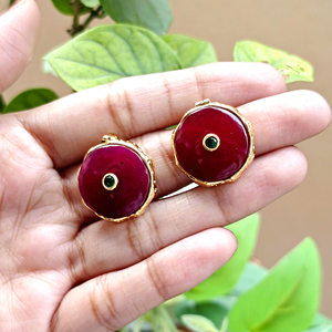 Modern statement earring ruby jade with <b>emerald</b> cz accent women's jewelry gold plated texture metal designer collet frame <b>studs</b> - Product Image 2