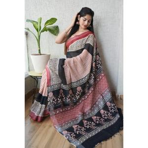 Sari de lino estampado para uso diario de mujer con blusa de lino cómoda para oficina y fiestas, disponible en grandes cantidades. - Product Image 4