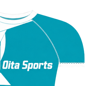 Maillot de compression athlétique personnalisé bleu sarcelle et blanc à manches courtes, col ras du cou, motif géométrique, pour entraînement de performance et sports nautiques - Product Image 4