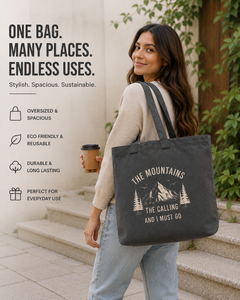 Sac fourre-tout en toile grande taille avec imprimé lettres « Les montagnes appellent et je dois y aller », sac de shopping à usage quotidien avec poignée longue - Product Image 4