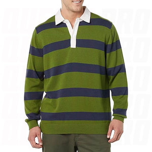 Polo de punto a rayas de manga larga para hombre, 100% algodón de alta calidad, verde marino, estilo rugby informal. - Product Image 1