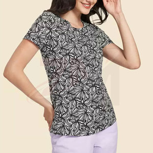 T-shirt imprimé pour femme, manches courtes, col rond, décontracté, motif graphique, coupe classique, 100 % coton tricoté, respirant, haut pour le printemps et l'été - Product Image 1