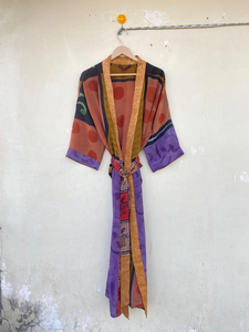 Kimono vintage en soie bleu et marron fait à la main avec ceinture fabuleuse pour la vie quotidienne en été automne printemps - Product Image 5