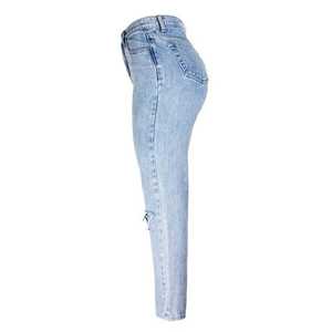 Jean taille haute coupe droite grande taille pour femme, longueur intégrale, en denim délavé et déchiré, coupe décontractée, en coton - Product Image 4