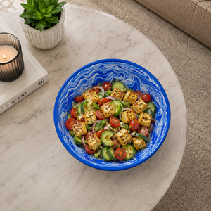 <b>Blue</b> Marble Enamel Printed Mango Wood Salad <b>Bowl</b> Handmade Food Safe Serving <b>Bowl</b> Modern Kitchen Fruit Pasta Mixing <b>Bowl</b> Gift - Product Image 4