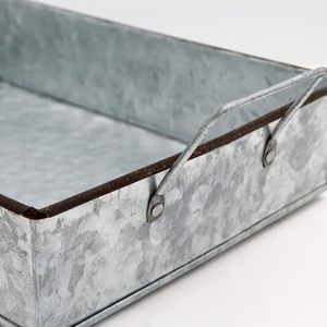 Rustic Galvanized Metal <b>Storage</b> <b>Tray</b> with Side Handles Farmhouse Organizer Decorative Serving Basket - Product Image 4