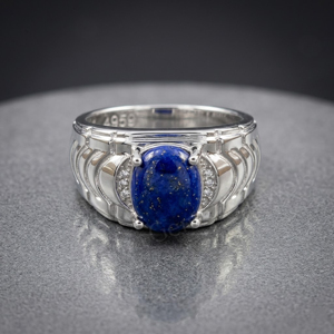 Anillo de Plata de Ley 925 con Lapislázuli Natural de Forma Ovalada de 8x10 mm, Anillo Geométrico con Engaste de Puntas para Hombre, Uso Diario Unisex - Product Image 1