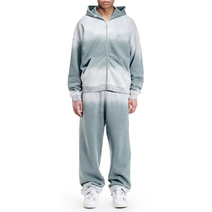 Custom Embroidered Men's Acid Wash Sun Fade Tracksuit Sweatsuit Zip Hoodie <b>Sweatpants</b> 2-Piece <b>Set</b> with Logo for Winter - Product Image 1