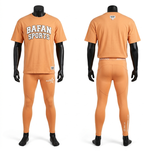 เสื้อยืดและกางเกงเลกกิ้งผู้ชายคุณภาพสูง ผ้าคอตตอนผสม 190 GSM สีพีชออเรนจ์ ทรงแอธเลติก ดีไซน์ผ้าแบบยืด 2 ชิ้น ชุดเซ็ต 2 ชิ้น - Product Image 4