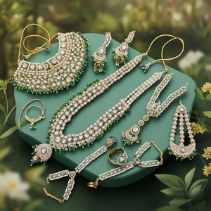 Ensemble de mariée en or et rhodium plaqué avec pierres Kundan et perles - COMBO 82 GREEN de qualité supérieure, comprenant une bague - Product Image 3
