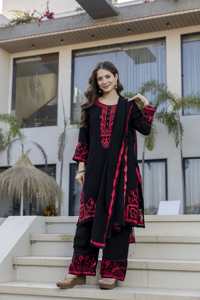 Designer Embroidery Work Blooming Georgette Black <b>Kurti</b> With Pant And Blooming Georgette Dupatta Set - Product Image 1