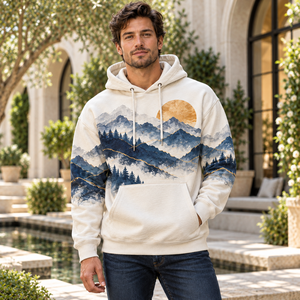 Mountain Hoodie <b>Men's</b> Cotton <b>Fleece</b> <b>Navy</b> Ivory Scenic Art Pullover Long Sleeve Hooded Top Trending <b>Men</b> Hoodie Hot Wear - Product Image 1
