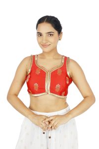 Blusa de Seda 100% Tejida con Bordado Floral Rojo y Logotipo Frontal para Mujer, Lehenga Choli para Bodas y Fiestas - Product Image 3