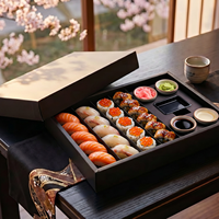 Boîte à sushi jetable personnalisée, imprimée, durable, de qualité alimentaire, noire, style tiroir, avec compartiments et porte-gobelet à sauce