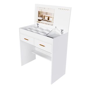 Flip Top LED Lighted Vanity <b>Desk</b> with Built-in Outlet 2 <b>Drawers</b> Open Storage Hooks-Wood Makeup Vanity Table for Dressing - Product Image 5