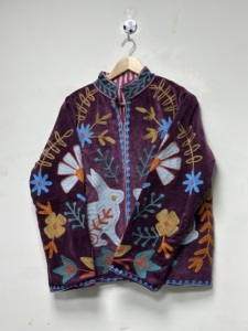Boho <b>Velvet</b> Hand Embroidered Suzani Floral Pattern O-Neck Full Sleeve Autumn Unisex Multi-function Reversible <b>Jacket</b> - Product Image 3