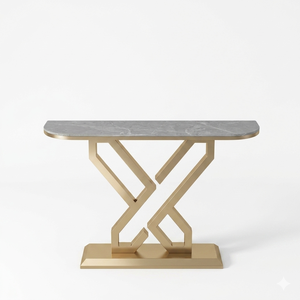 Luxury Geometric Stainless Steel <b>Console</b> - Gold-Plated Accent <b>Table</b> with Elegant Faux <b>Marble</b> Top - Product Image 2