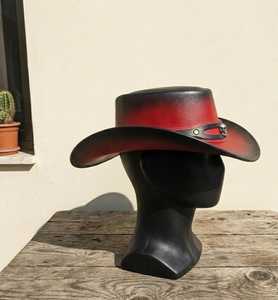 Premium Quality Custom Red Black Leather Cowboy <b>Hat</b> Skull <b>Band</b> Western Gothic Biker Outback <b>Hat</b> - Product Image 2