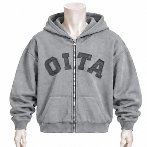 Custom <b>Grey</b> Mens Zip Up Hoodie Chenille Letter Applique Heavyweight Fleece Oversized Streetwear <b>Sweatshirt</b> with Front Pockets - Product Image 1