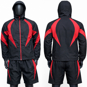 Ensemble de survêtement d'été 2 pièces en tissu plissé à carreaux respirant imprimé, veste zippée et short coupe-vent 100% coton personnalisé - Product Image 1