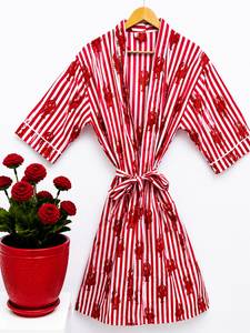 Bata de lujo para mujer con estampado floral, cuello en V, cordón ajustable, manga 3/4, largo hasta el tobillo, 100% algodón, transpirable, lavable a máquina - Product Image 2
