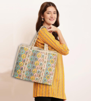 Tas Tote Musim Panas Katun Ramah Lingkungan Ringan Bermotif Bunga Mughal Buatan Tangan Multiwarna, Berlapis, Dapat Dibalik, dan Dapat Dipakai Sebagai Tas Selempang