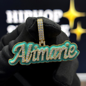 Collar con Colgante de Nombre Personalizado en Esmalte, Plata de Ley 925, Moissanita VVS, Diseño Iced Script, Azul Turquesa, Chapado en Oro de 18K, Regalo Hiphop - Product Image 4
