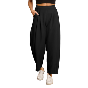 <b>Women's</b> Casual Pants Wide Leg High-Waisted Elastic Waist Breathable Stretchy Polyester Business <b>Slacks</b> Pockets - Product Image 1