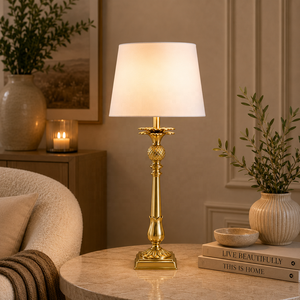 Imperial <b>Pinecone</b> Metal Table Lamp with Linen Tapered Shade Antique Brass Finish Decorative Carved Base Warm Glow - Product Image 1