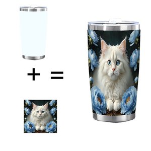 Stainless Steel Tumbler 20oz Double Wall Insulated Drinkware <b>Reusable</b> Eco Friendly Travel <b>Mug</b> With Cat And Blue Flowers Design - Product Image 1