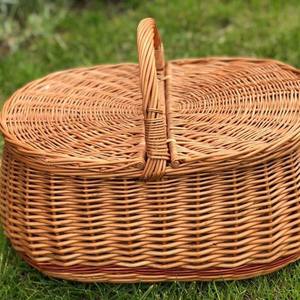 Oval Woven <b>Wicker</b> Picnic <b>Basket</b> No <b>Lining</b> Handcrafted Rattan Fruit Food Storage Hamper with Fixed High Handle Double Lids Cases - Product Image 4