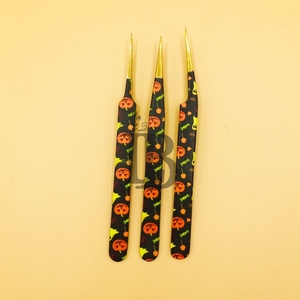 Nouvel arrivage : Pince à épiler en acier inoxydable pour extensions de cils, revêtement papier, design citrouille, pointe dorée, pour cils en vison - Product Image 1