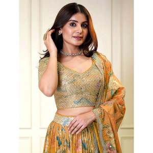 Lehenga choli ชุดเทศกาลผ้าโปร่งพิมพ์ลายสีส้มสุดเจ๋ง - Product Image 5