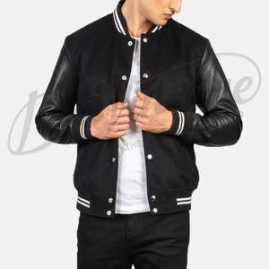 Veste universitaire noire personnalisée pour homme, corps en laine, manches en cuir, style bomber, coupe ajustée, veste de sport universitaire - Product Image 6