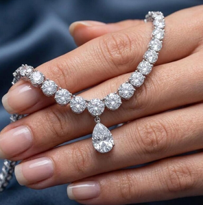 Luxury Women's 925 <b>Silver</b> Moissanite Pendant Necklace Round Brilliant Cut Beaded <b>Chain</b> Water Drop Design Wedding Jewelry - Product Image 4